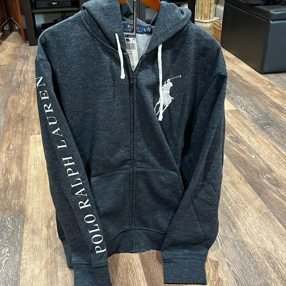 POLO RALPH LAUREN logo zip up jacket with hood, in Blue heather